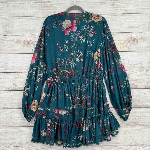 Free People Floral Rough Seam Semi Sheer Sleeve Mini Dress Womens Small Green - Picture 2 of 12